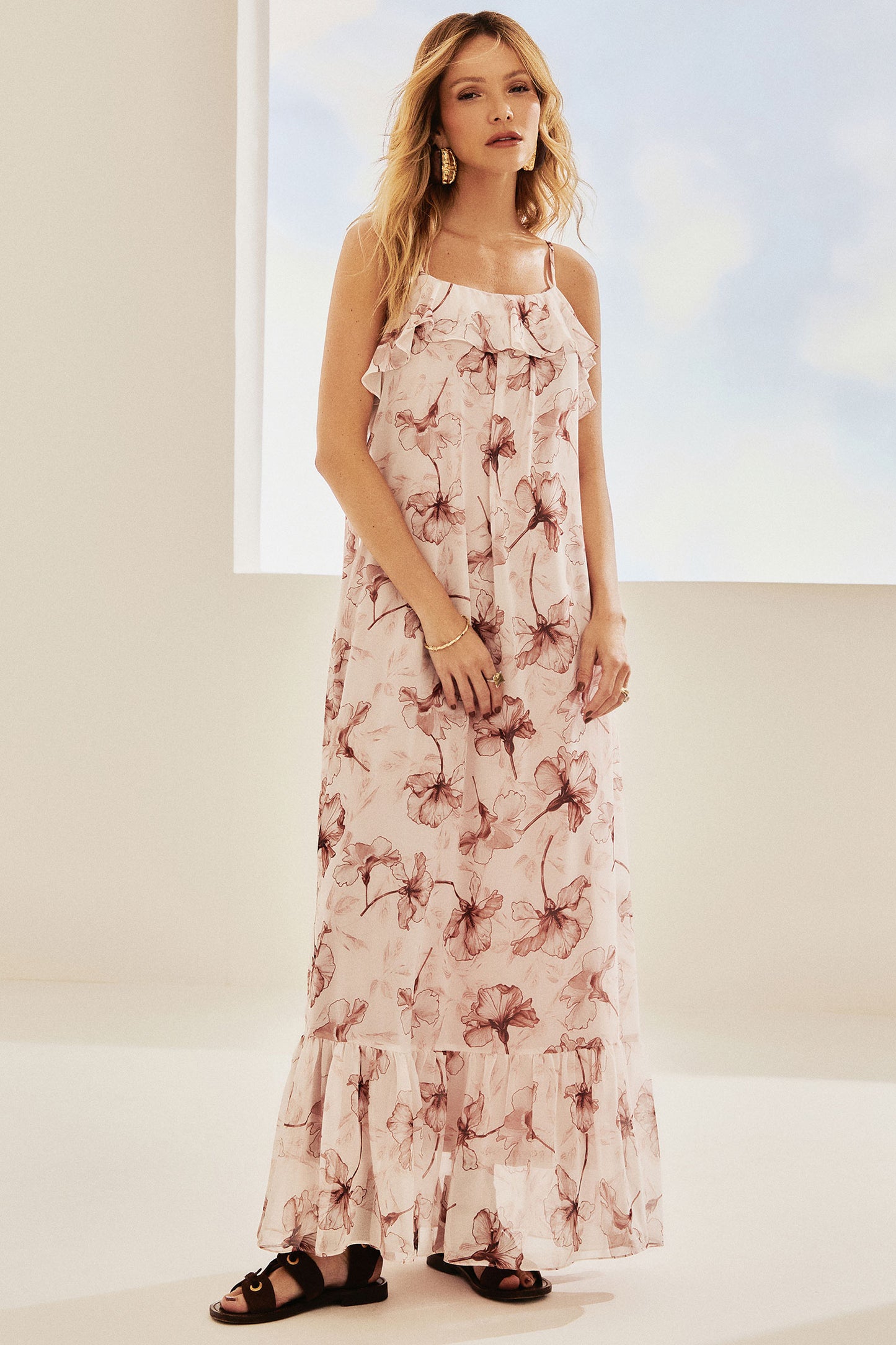 Vestido Chiffon Estampado Marrom