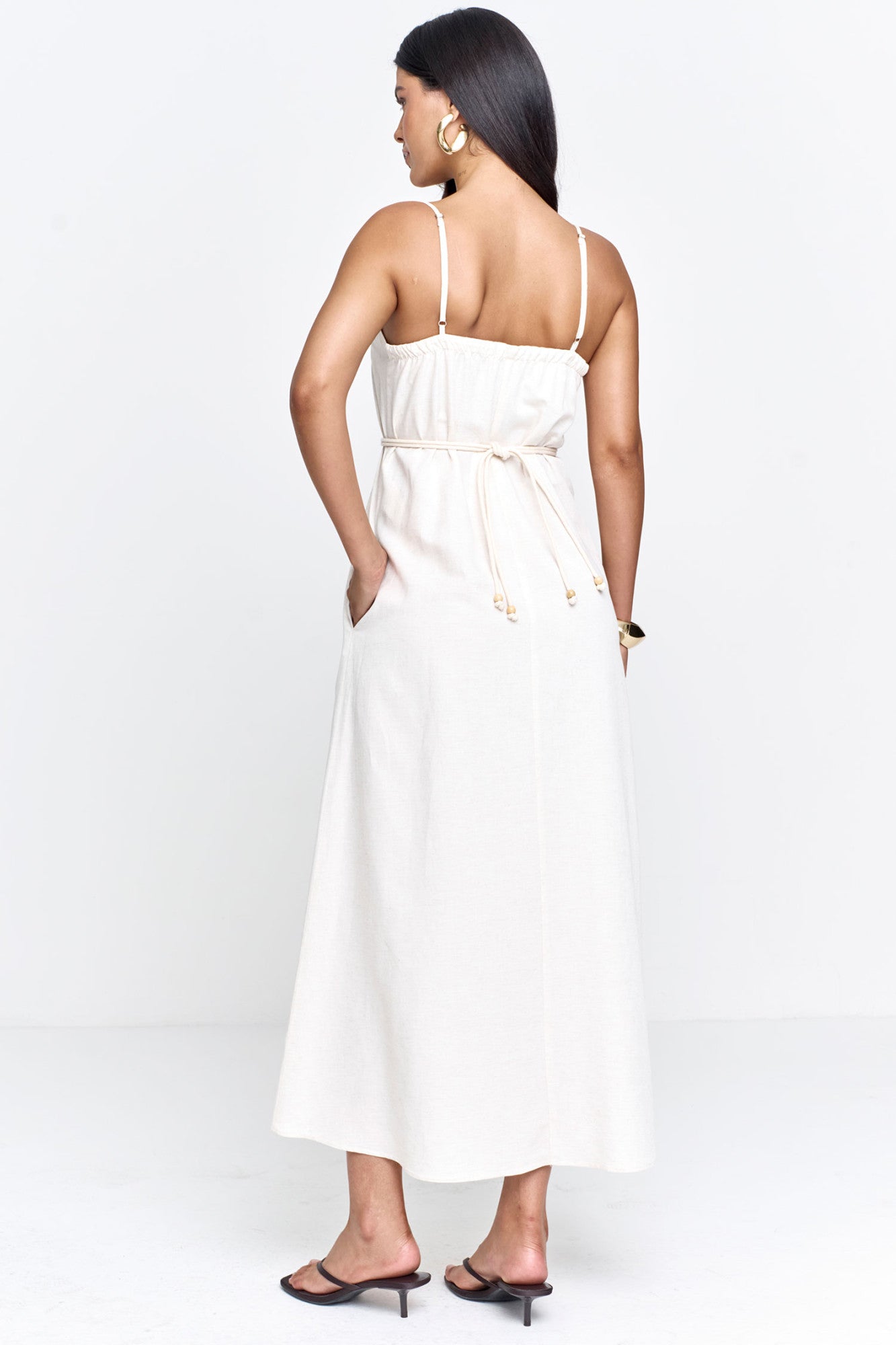 Vestido Casual Feminino Viscolinho com Bolso e Cinto Natural