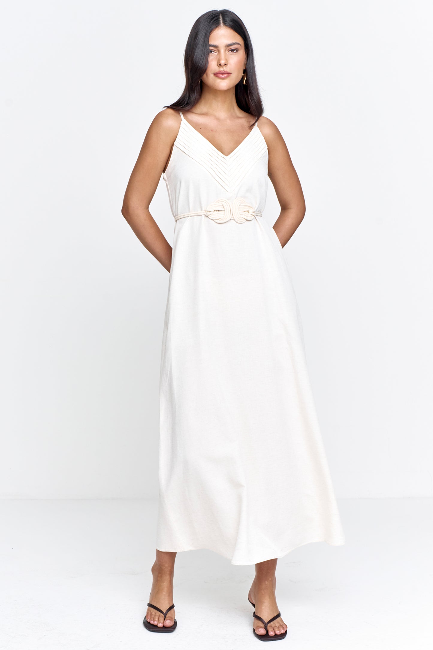 Vestido Casual Feminino Viscolinho com Bolso e Cinto Natural