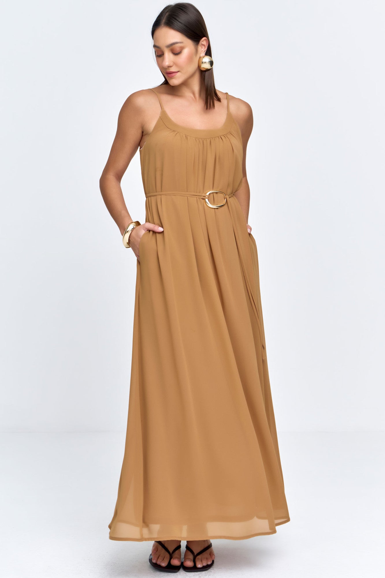 Vestido Longo Chiffon Palas Franzido com Cinto e Fivela Terracota