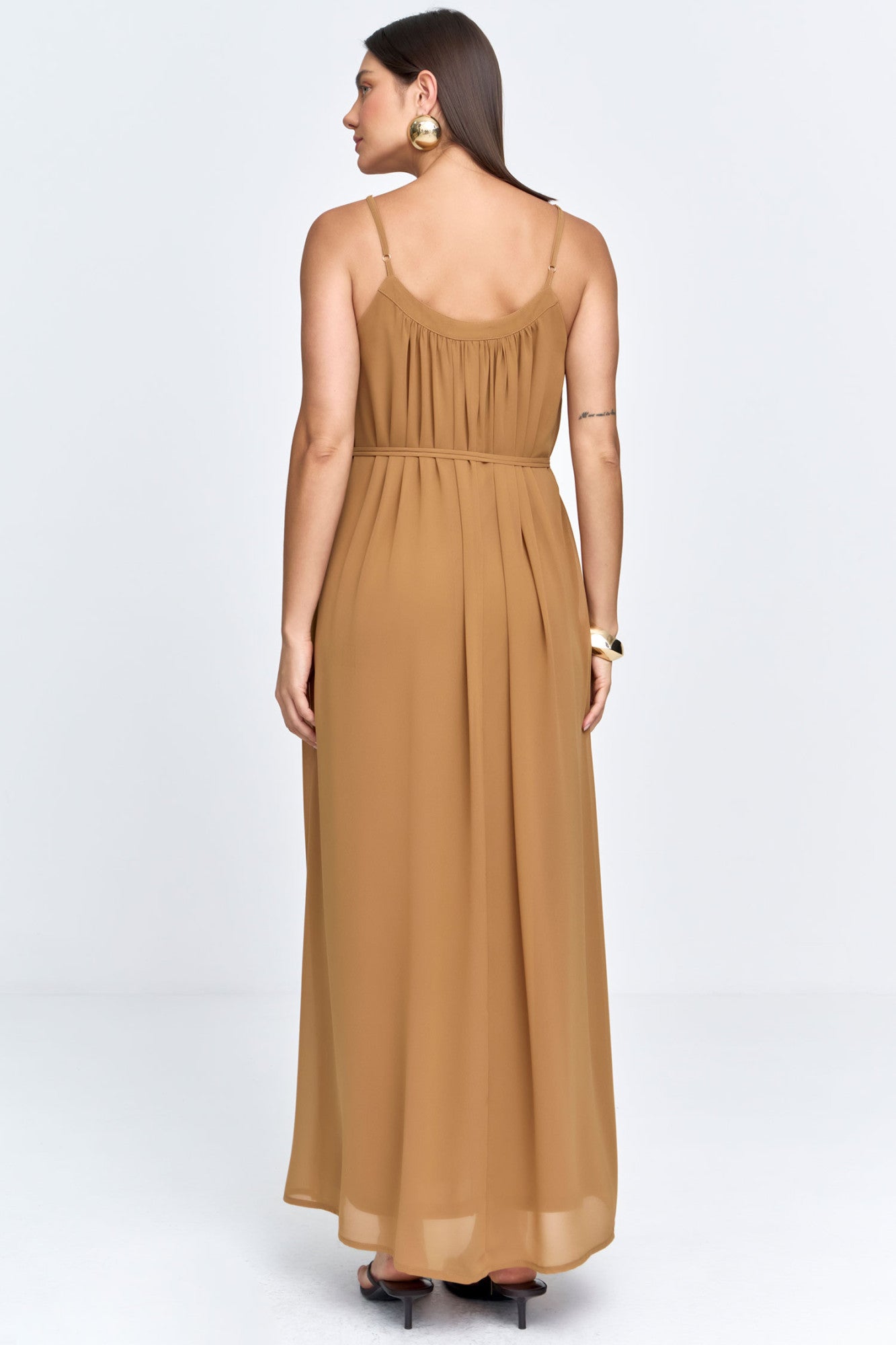 Vestido Longo Chiffon Palas Franzido com Cinto e Fivela Terracota