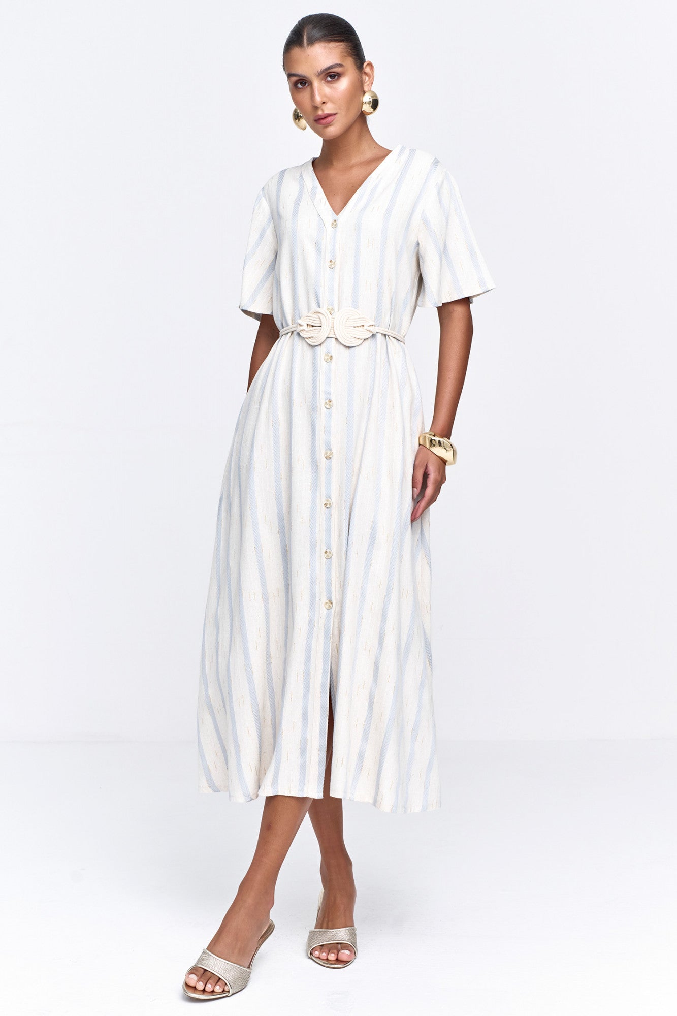 Vestido Linho Misto Stripe Bordado Azul Claro