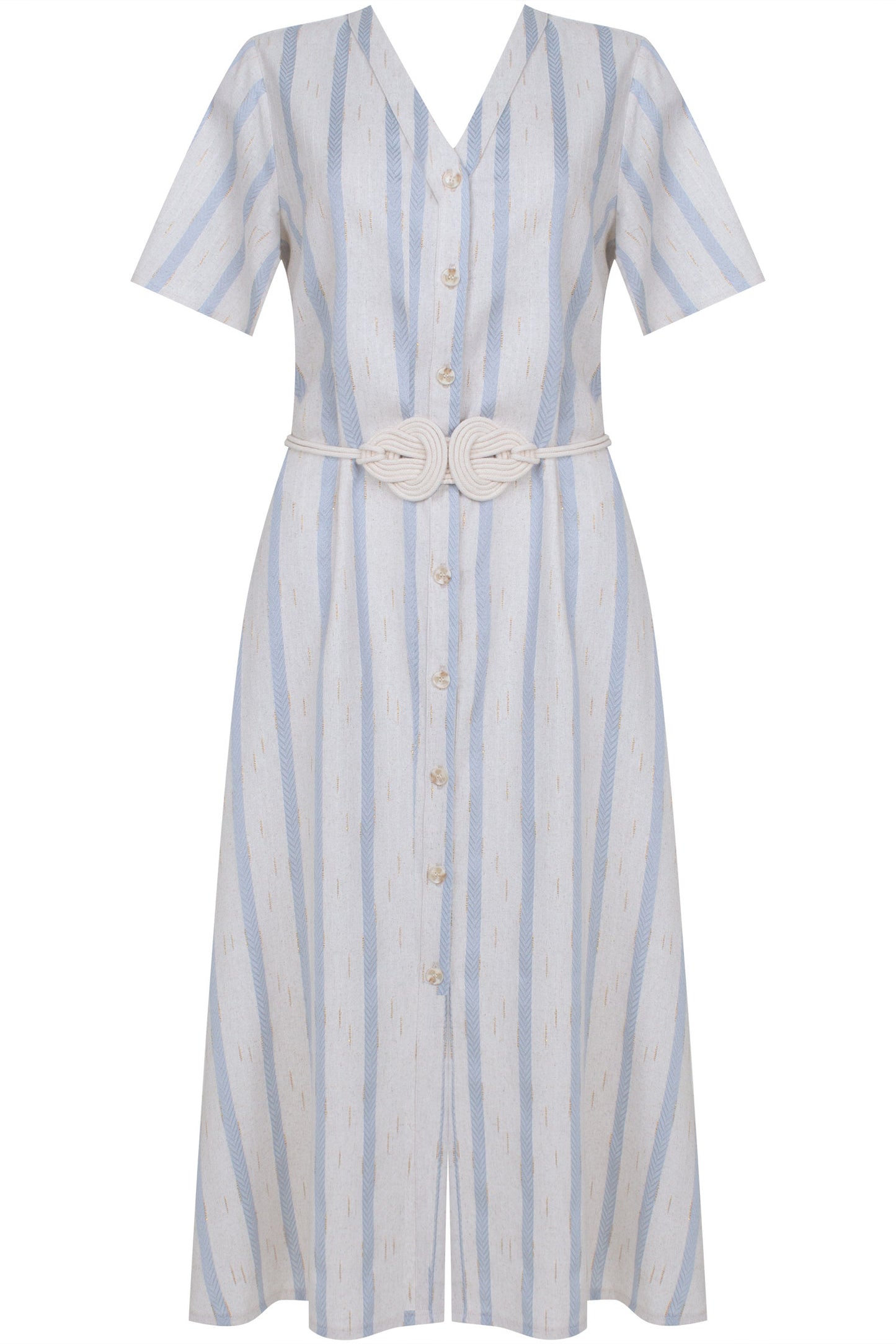 Vestido Linho Misto Stripe Bordado Azul Claro