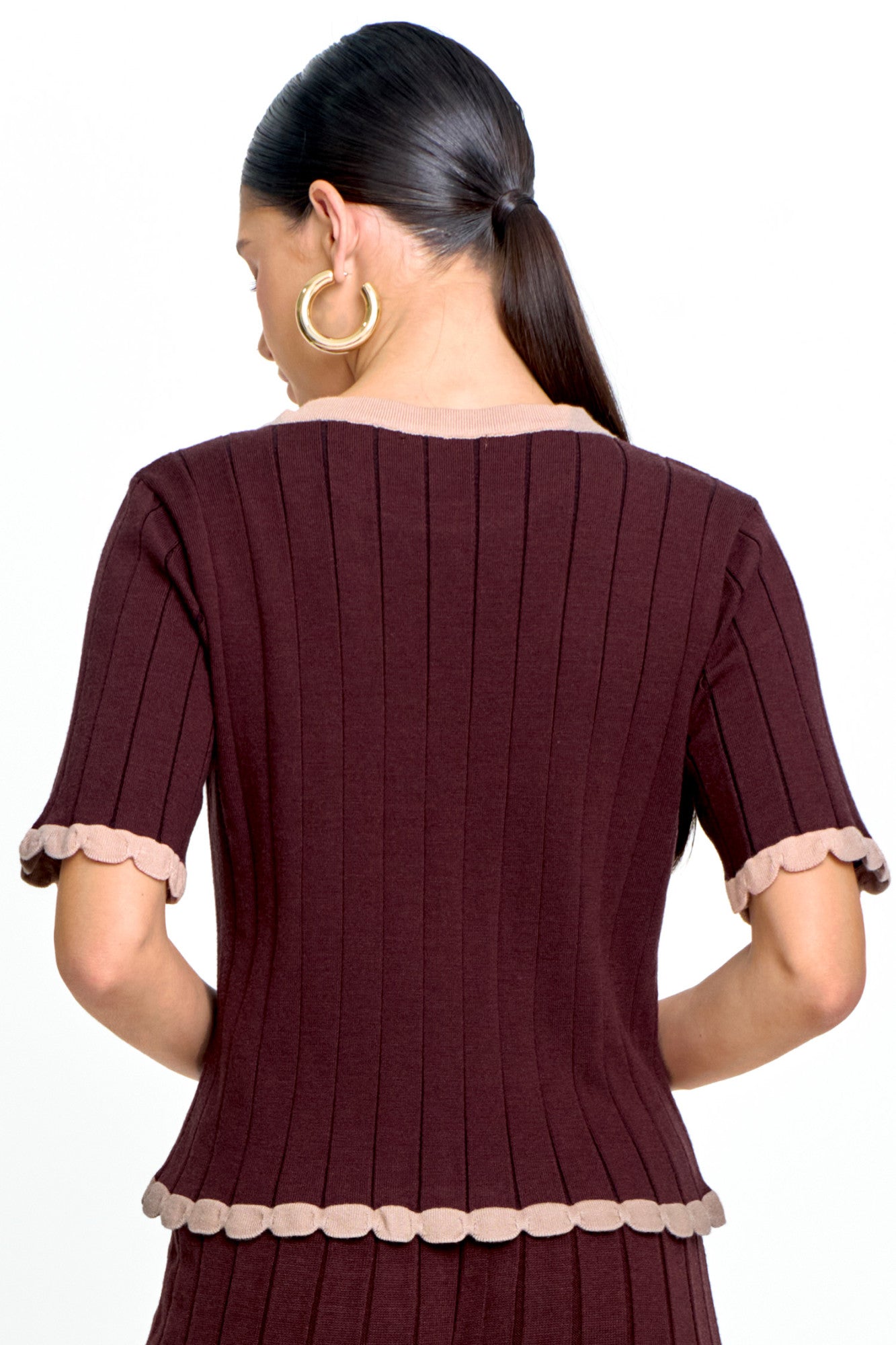 Blusa Tricot Feminina Manga Curta Canelada Gola Redonda
