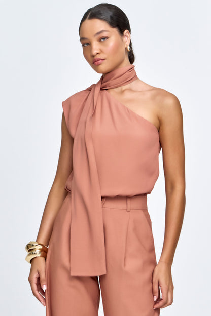 Blusa Ombro Só com Amarração Viscocrepe Marrom Claro