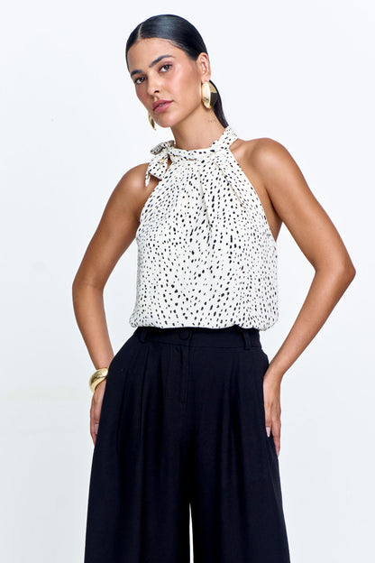 Blusa Cava Americana Crepe com Amarração Estampada Off White