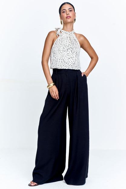 Blusa Cava Americana Crepe com Amarração Estampada Off White