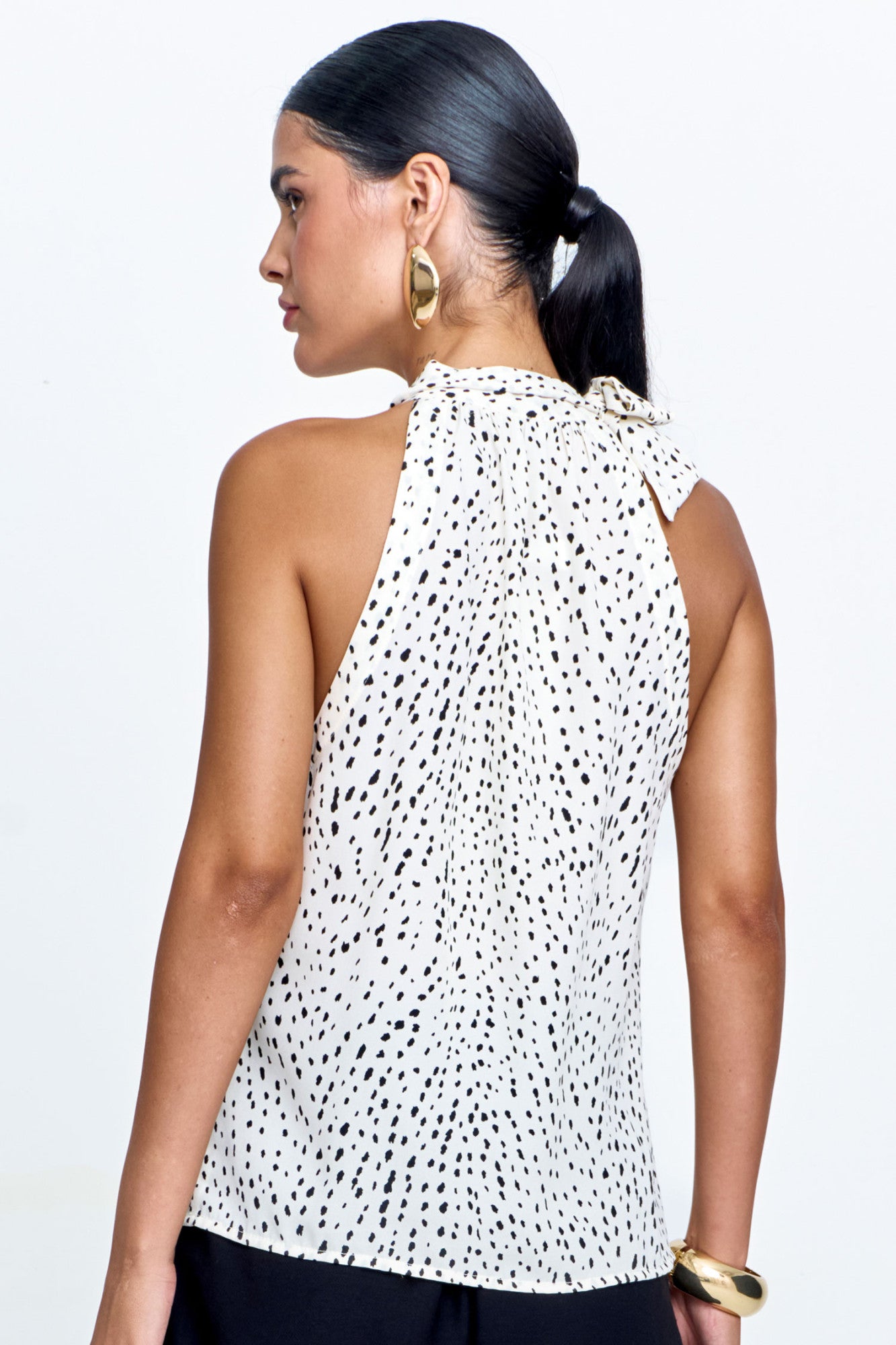 Blusa Cava Americana Crepe com Amarração Estampada Off White