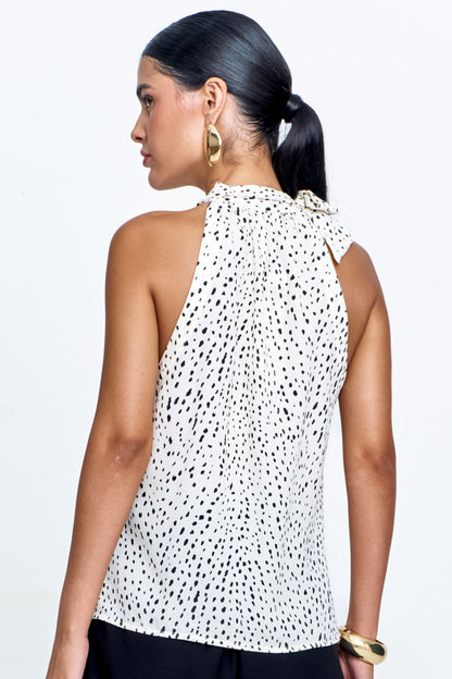 Blusa Cava Americana Crepe com Amarração Estampada Off White