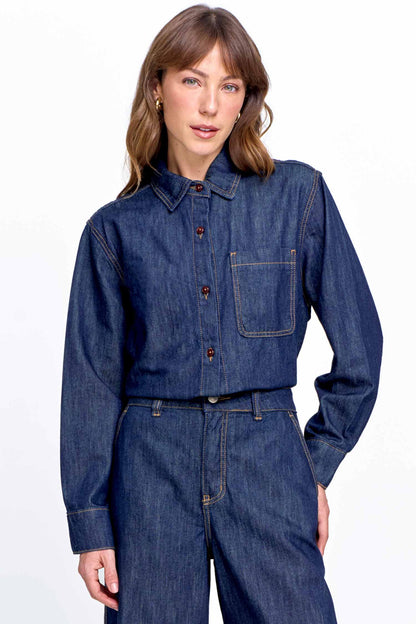 Camisa Jeans Feminina Manga Longa Azul