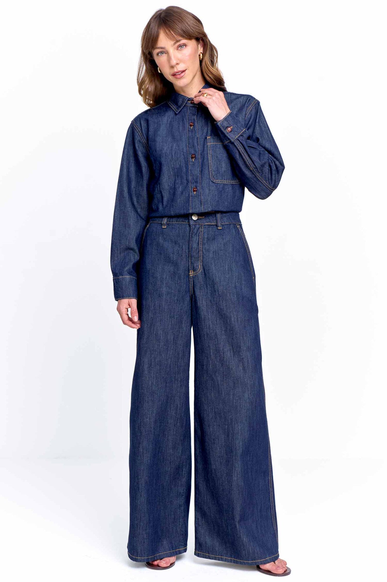 Camisa Jeans Feminina Manga Longa Azul