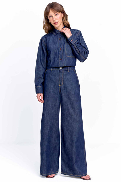 Camisa Jeans Feminina Manga Longa Azul