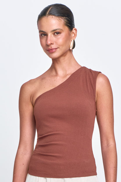 Blusa Malha Ribana com Ombro Único Chocolate