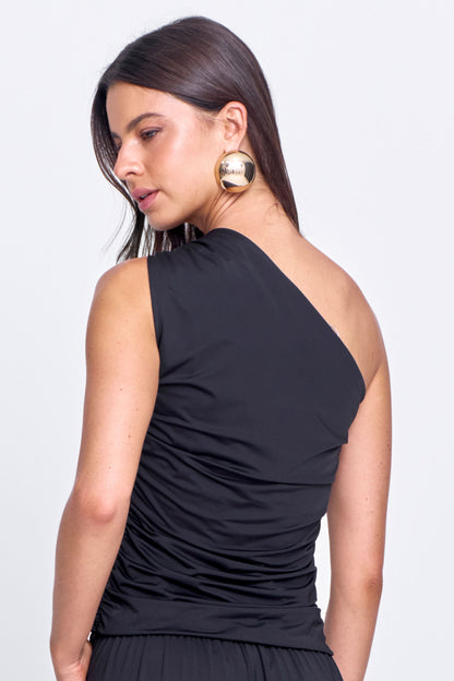 Blusa Malha Um Ombro Só com Detalhe Franzido Preto