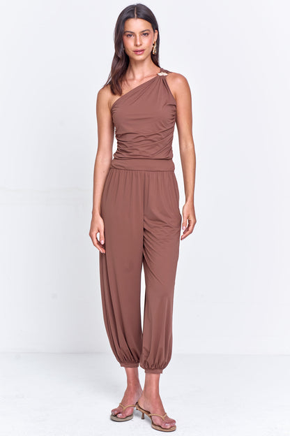 Blusa Malha Um Ombro Só com Detalhe Franzido Marrom