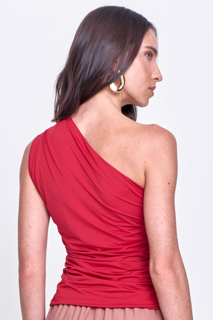Blusa Malha Um Ombro Só com Detalhe Franzido Vermelho
