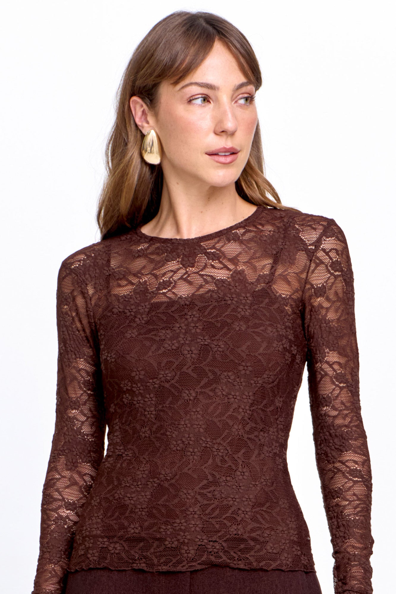 Blusa Feminina Renda Manga Longa Marrom