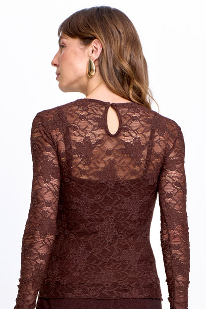 Blusa Feminina Renda Manga Longa Marrom