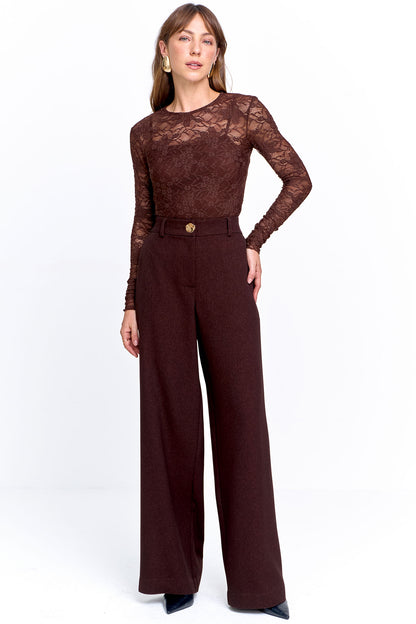 Blusa Feminina Renda Manga Longa Marrom