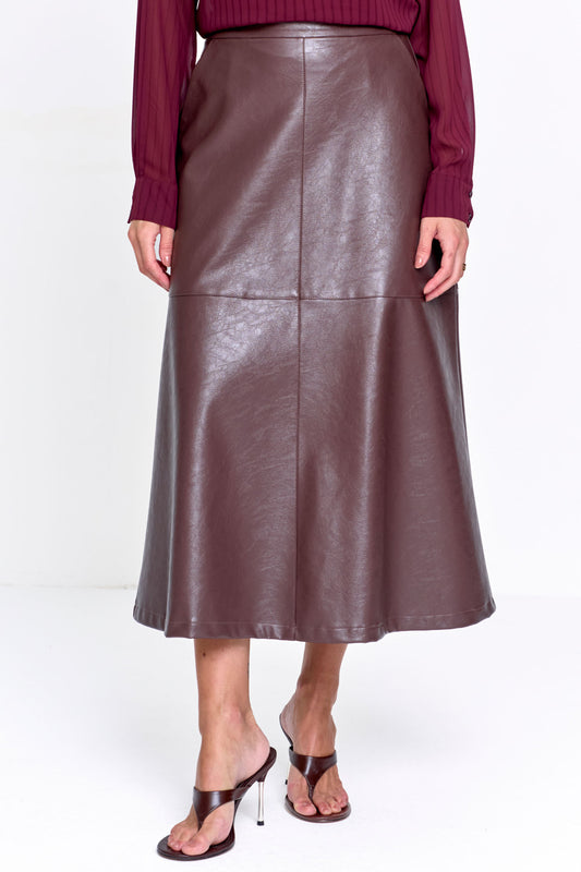 Saia Midi em Couro Sintético com Recortes Café