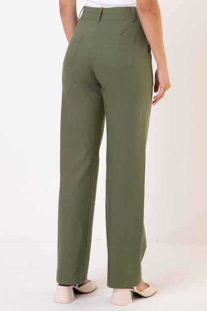Calça Reta Viscolinho Com Bolso E Recorte Verde