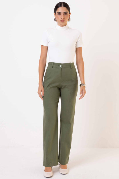 Calça Reta Viscolinho Com Bolso E Recorte Verde