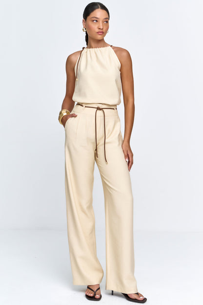 Calça Feminina Alfaiataria com Cinto e Bolso Amarelo