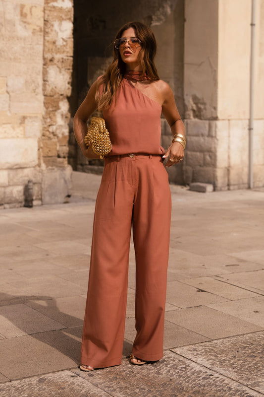 Calça Feminina Wide Lag de Alfaiataria Viscose Mista com Bolso Marrom Claro