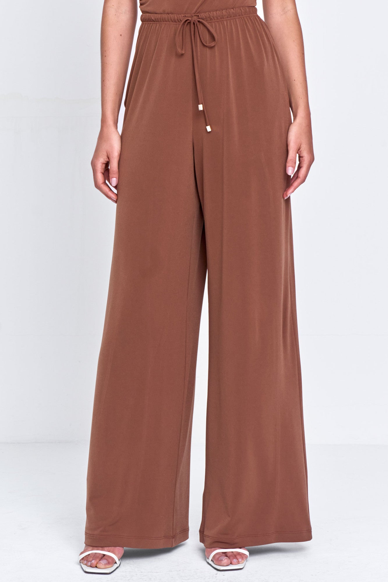 Calça Feminina Pantalona Malha Com Amarração Marrom