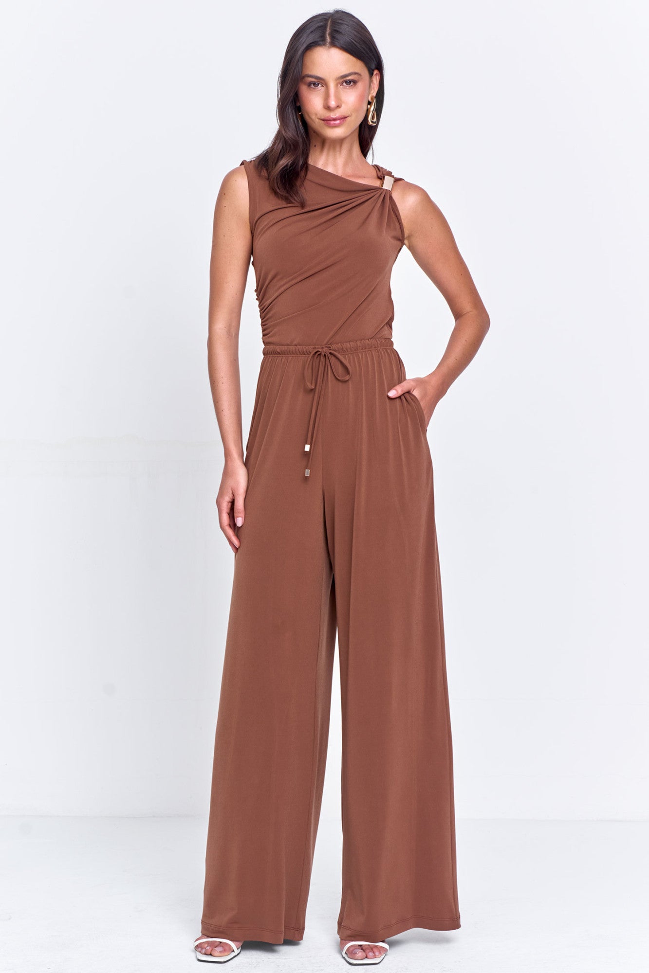 Calça Feminina Pantalona Malha Com Amarração Marrom