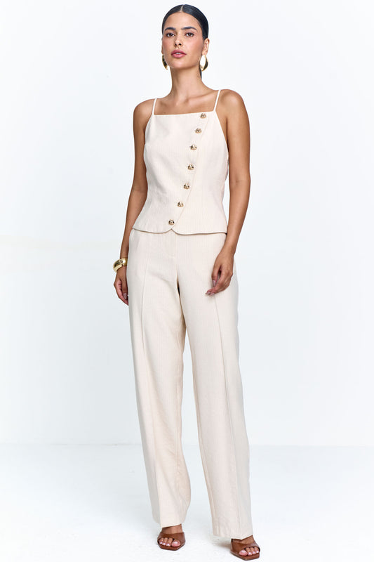 Calça Alfaiataria Viscose Mista Listrada com Bolsos Aveia