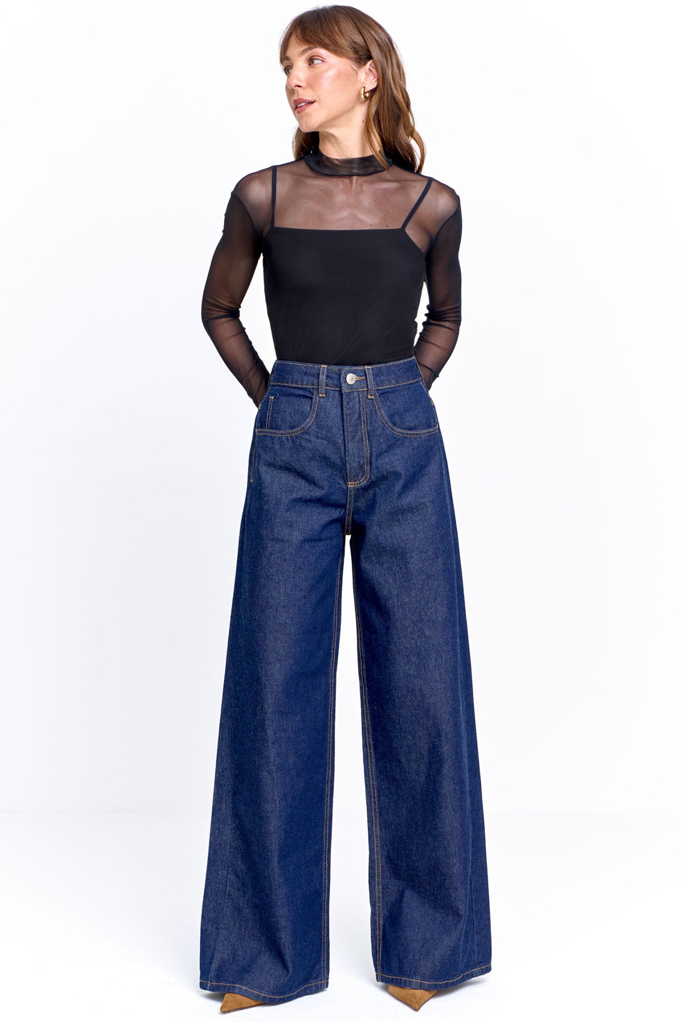 Calça Jeans Feminina Palazzo Cintura Alta Azul