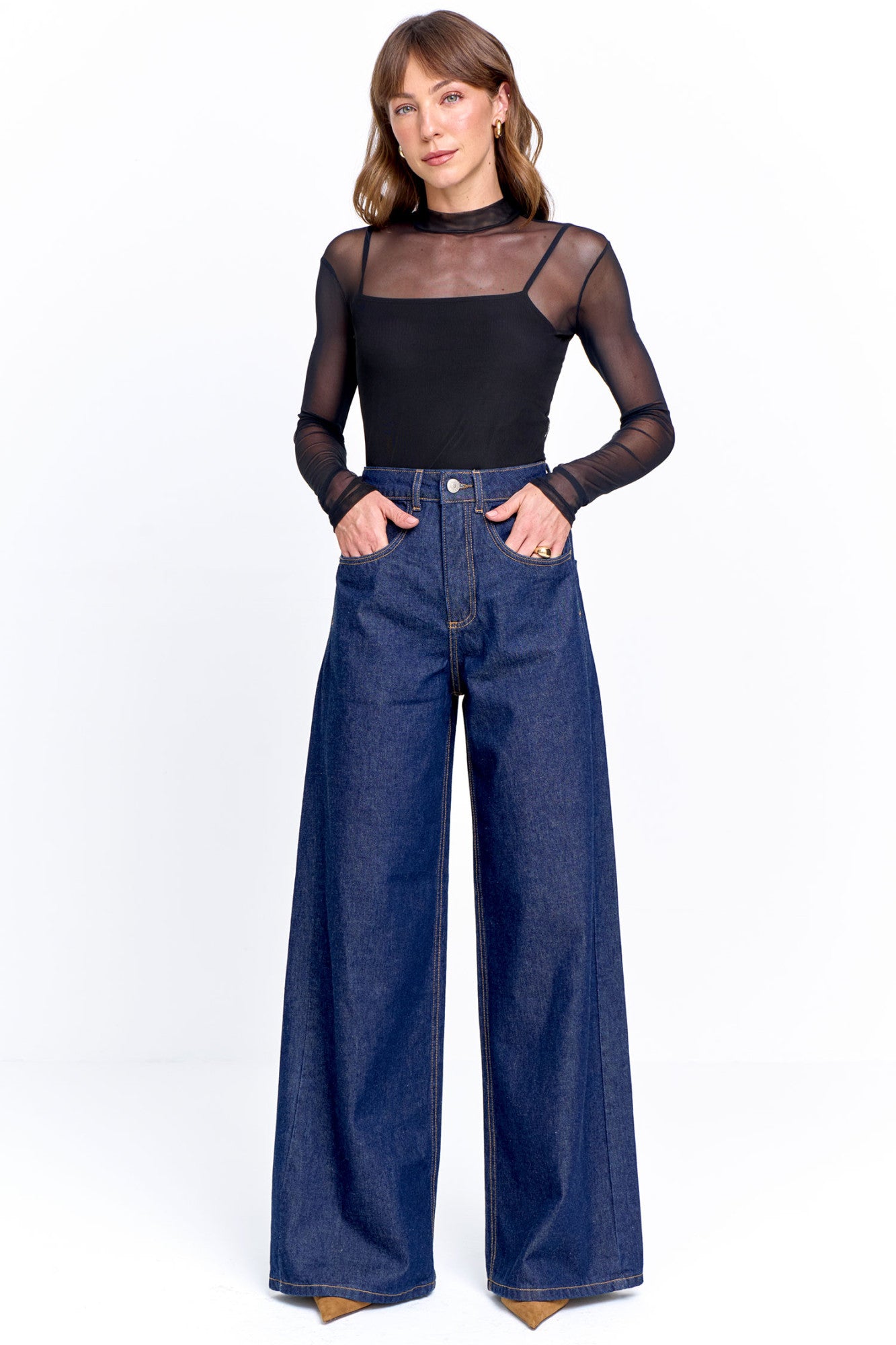 Calça Jeans Feminina Palazzo Cintura Alta Azul