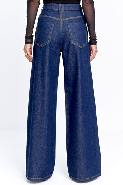 Calça Jeans Feminina Palazzo Cintura Alta Azul