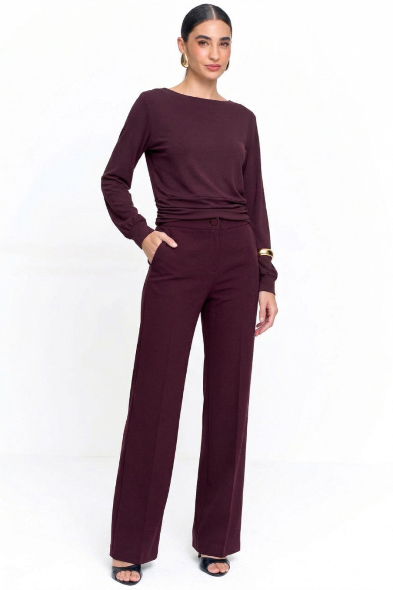 Calça Malha Crepe Feminina com Bolsos Vinho
