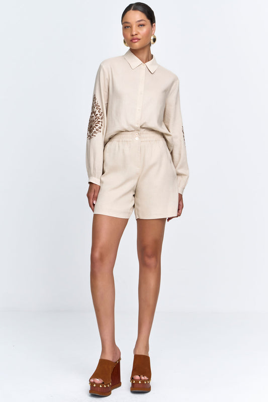 Short Cintura Alta com Bolso Viscolinho Misto Natural