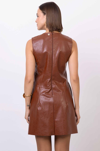 Vestido Material Sintético Pespontado Marrom
