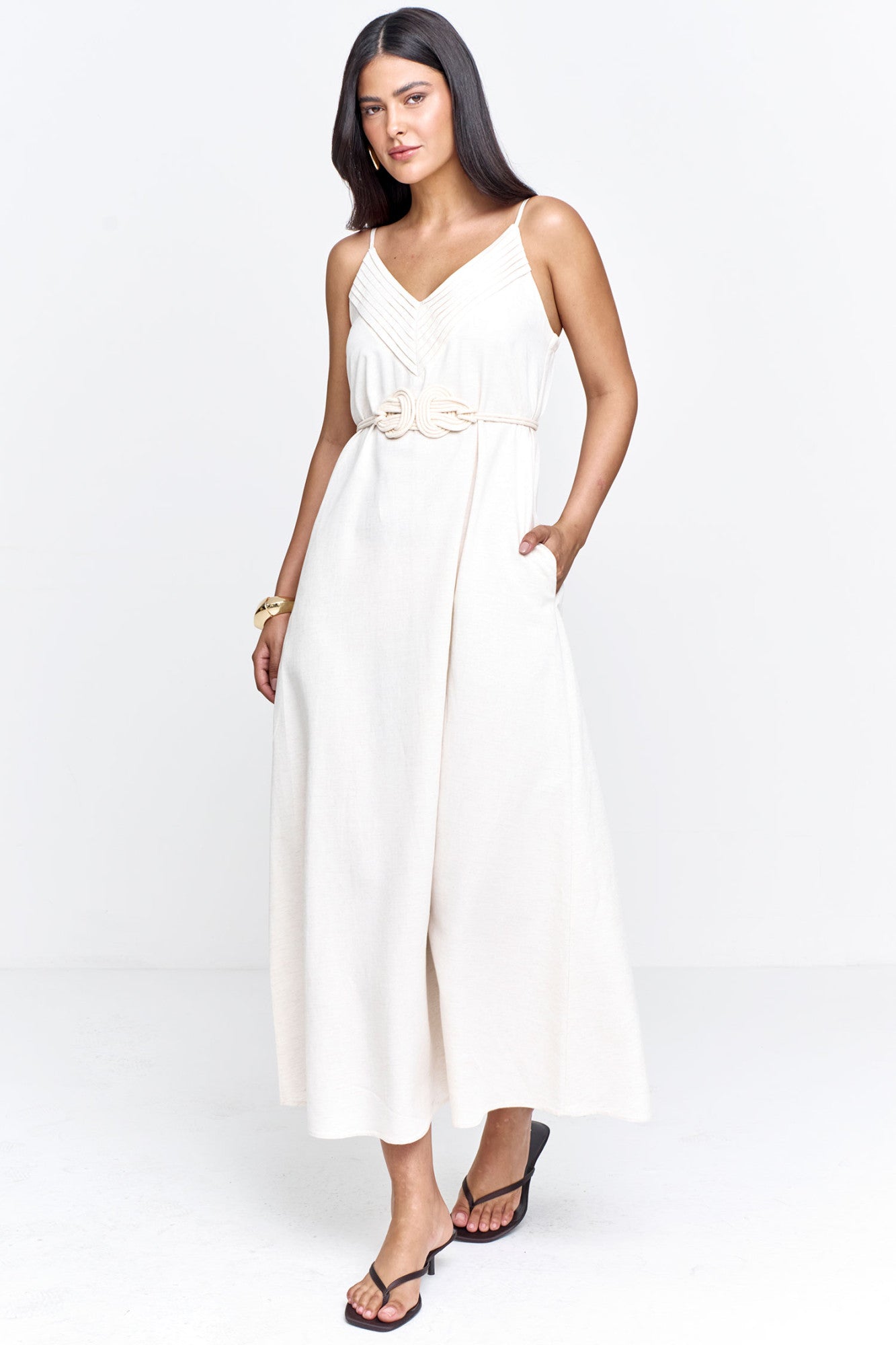 Vestido Casual Feminino Viscolinho com Bolso e Cinto Natural
