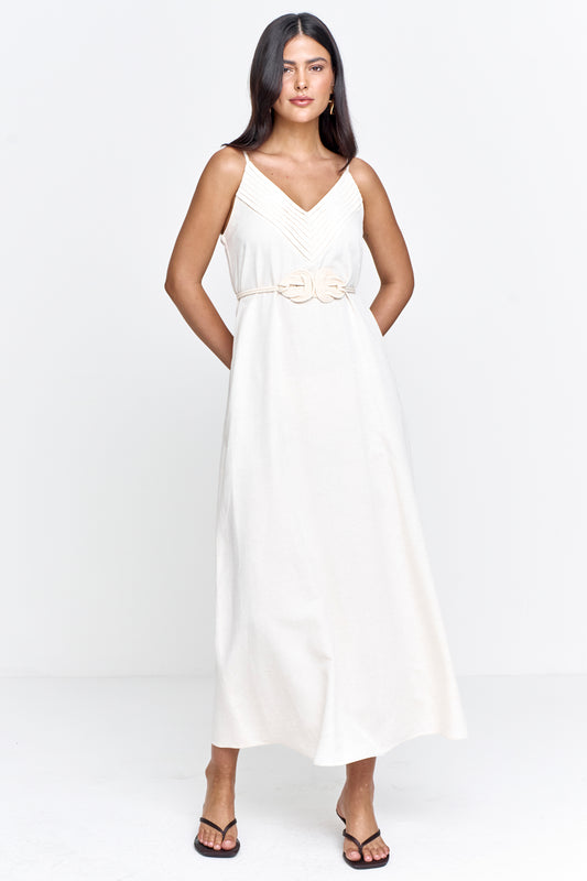 Vestido Casual Feminino Viscolinho com Bolso e Cinto Natural