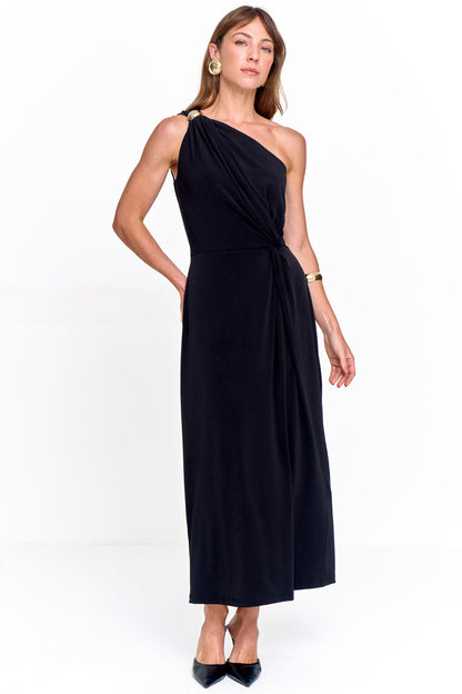 Vestido de Malha Ombro Só com Passante na Cintura Preto