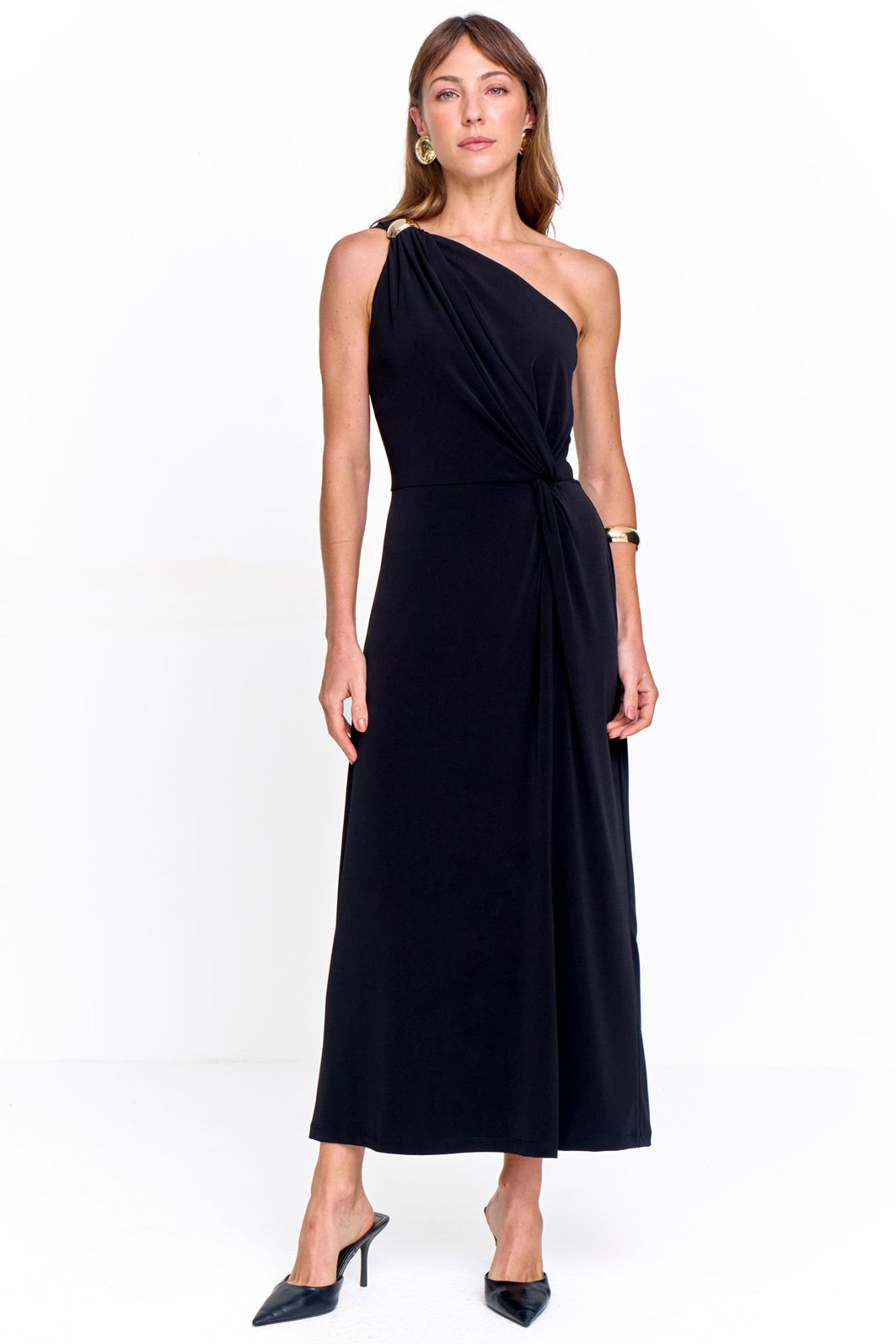 Vestido de Malha Ombro Só com Passante na Cintura Preto