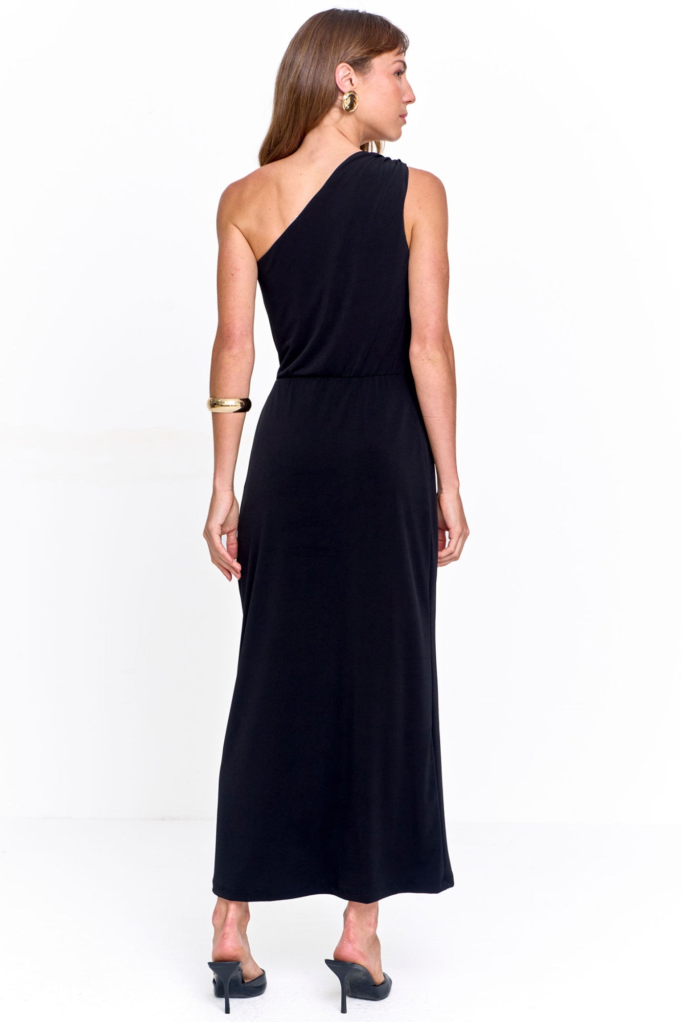 Vestido de Malha Ombro Só com Passante na Cintura Preto