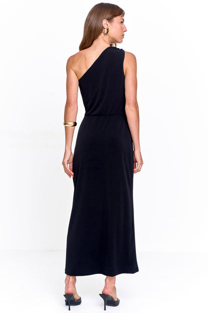 Vestido de Malha Ombro Só com Passante na Cintura Preto