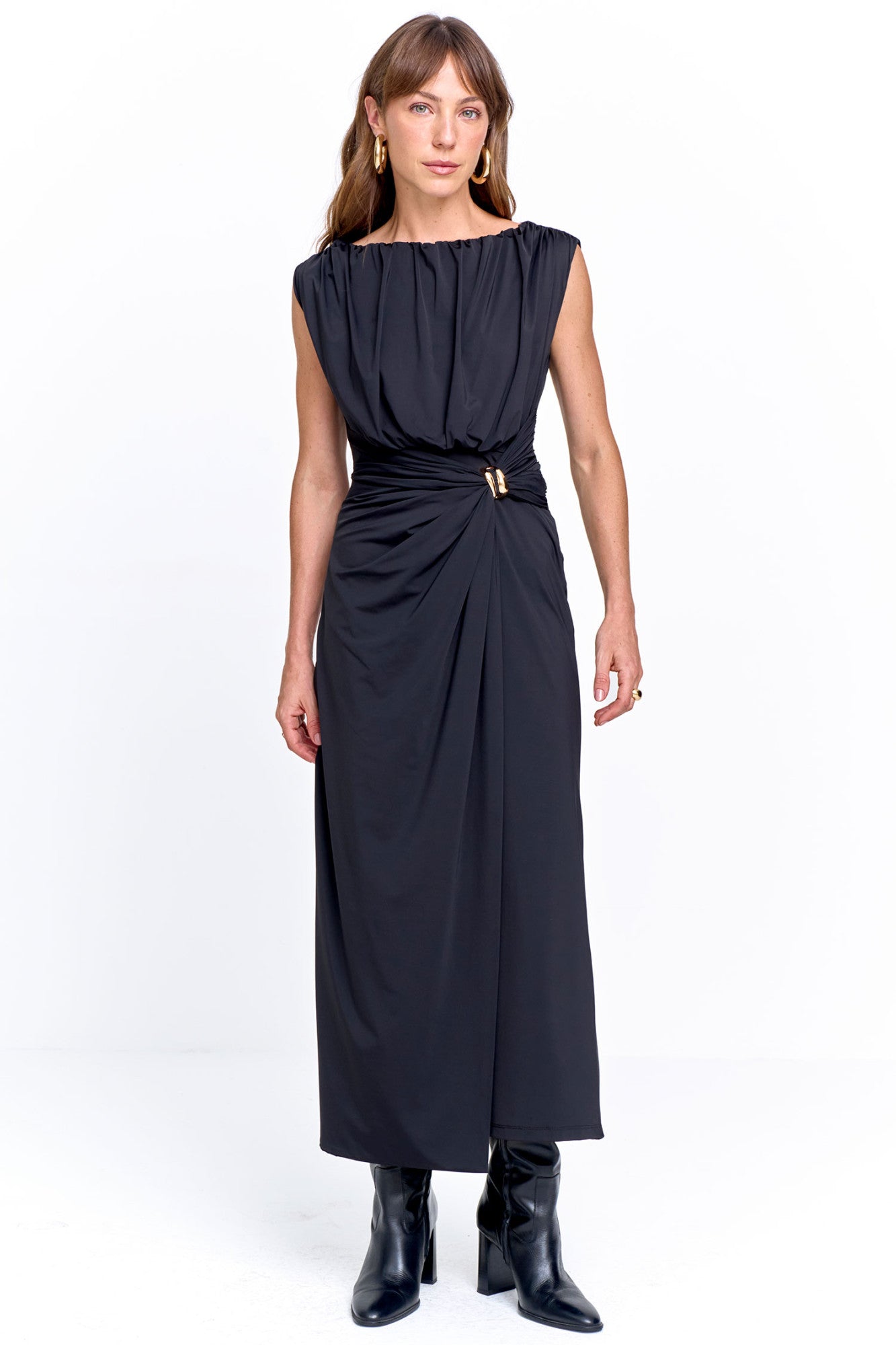 Vestido Malha com Franzido e Aviamento na Cintura Preto