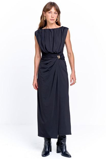 Vestido Malha com Franzido e Aviamento na Cintura Preto