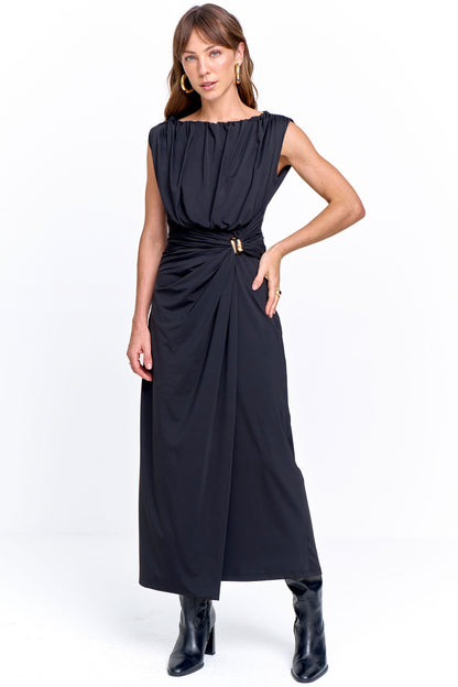 Vestido Malha com Franzido e Aviamento na Cintura Preto