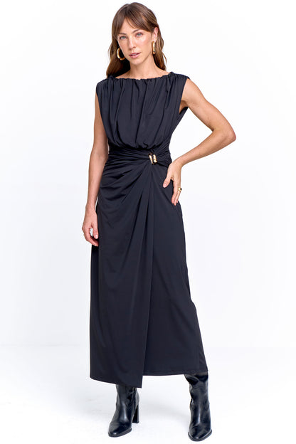 Vestido Malha com Franzido e Aviamento na Cintura Preto