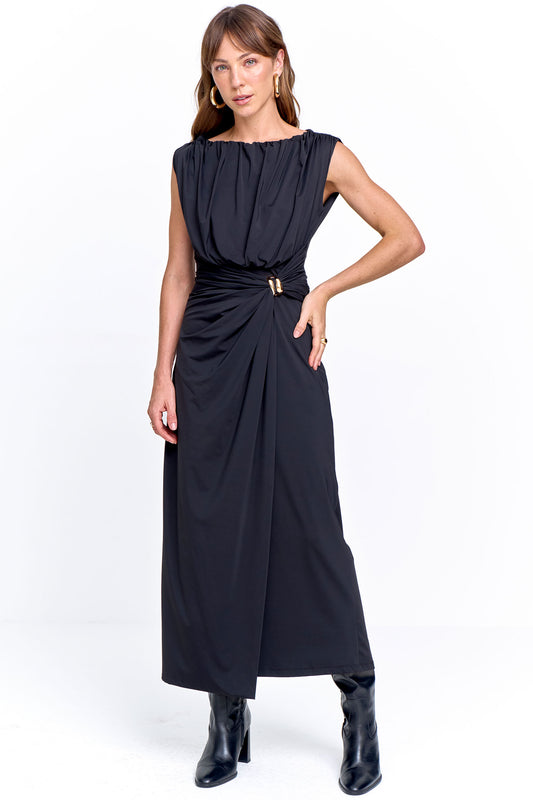 Vestido Malha com Franzido e Aviamento na Cintura Preto