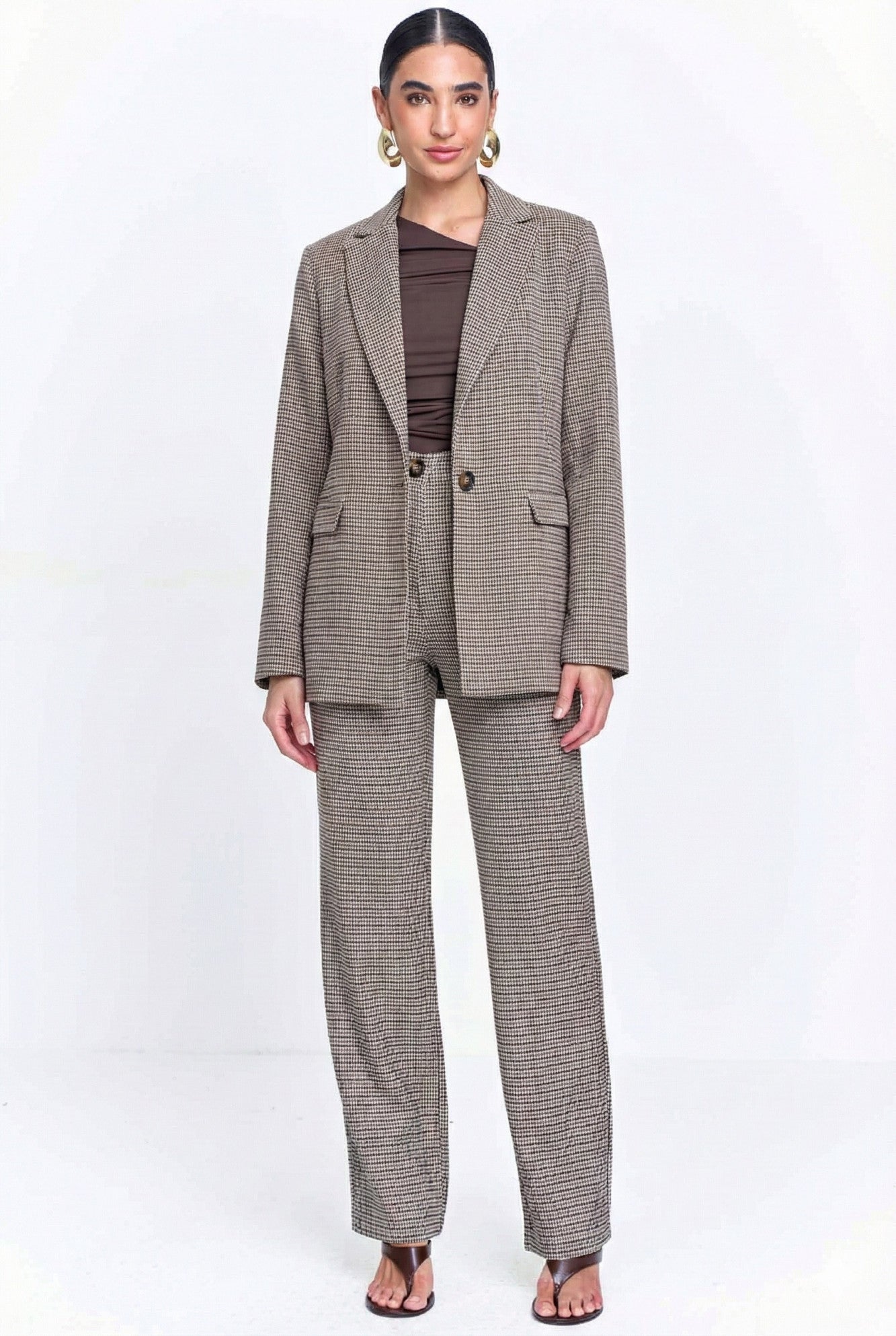 Blazer Feminino de Alfaitaria Pied Poule Bege
