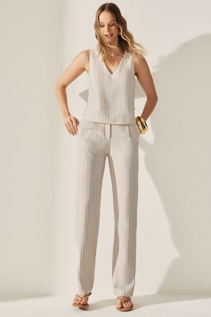 Calça Linho Misto Listrada Off White